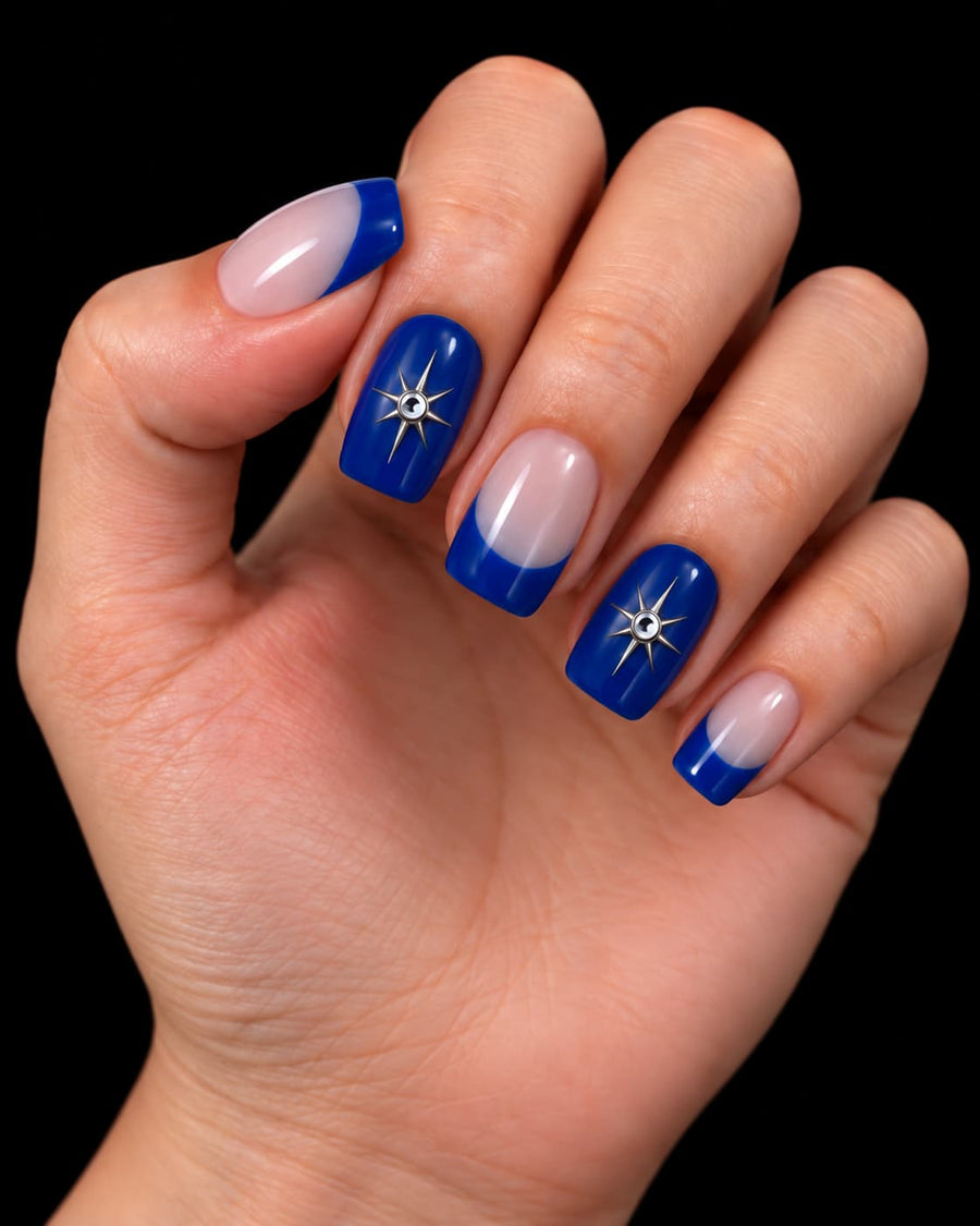 Square Short Blue French Tip Nails: Bold & Clean Press-On Sets