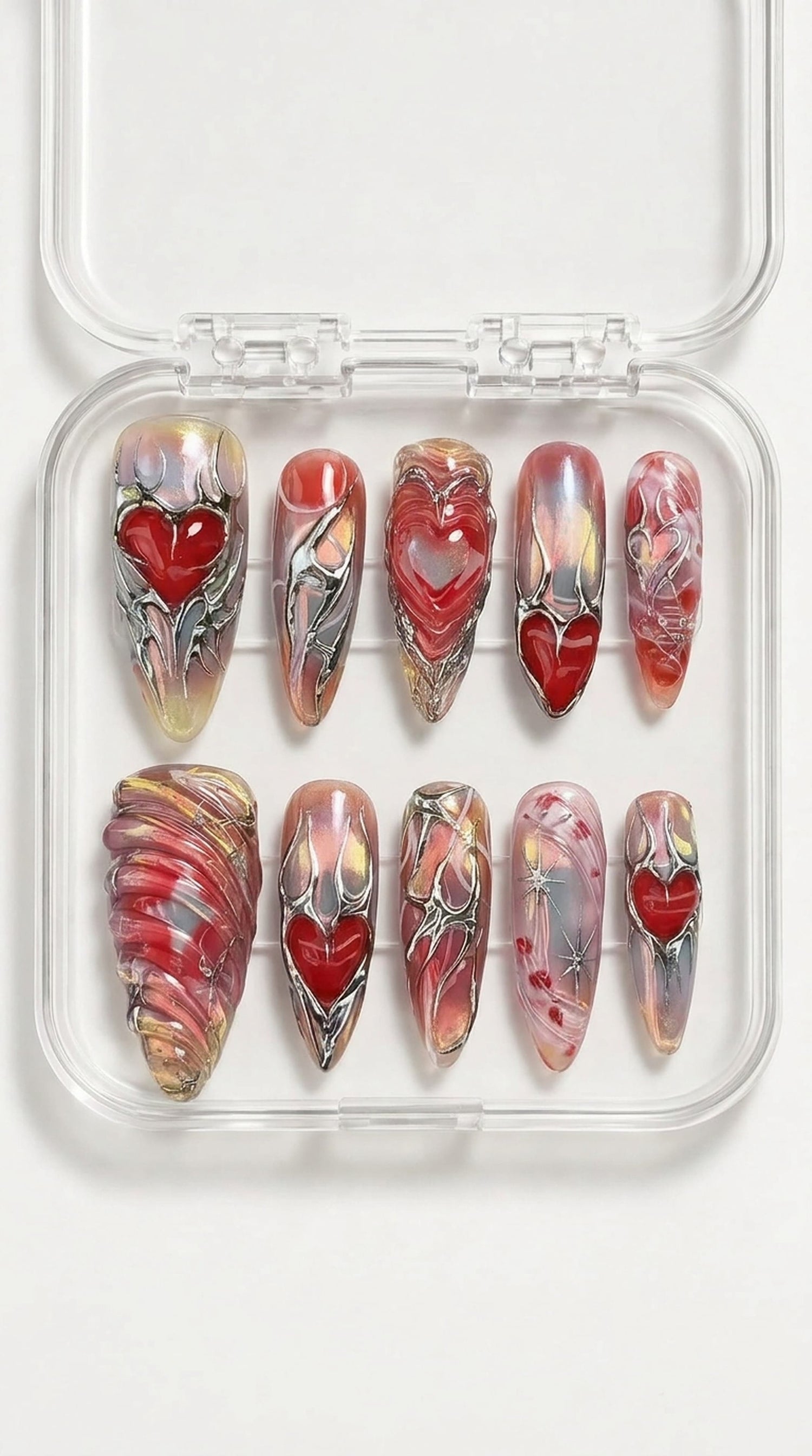 Crimson Chrome Heart Press-On Nails