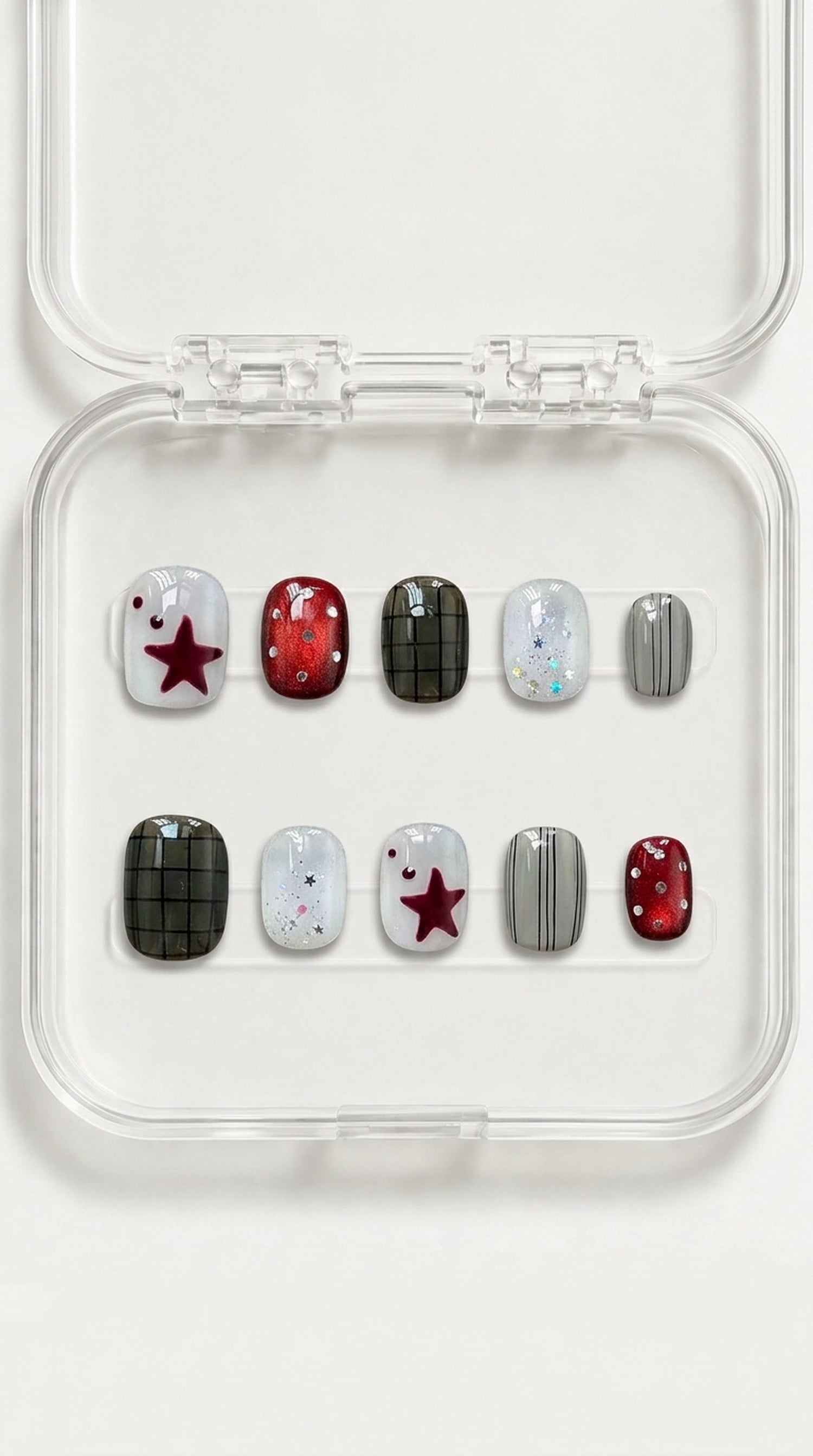 Red Star Grid Short Press-On Nails