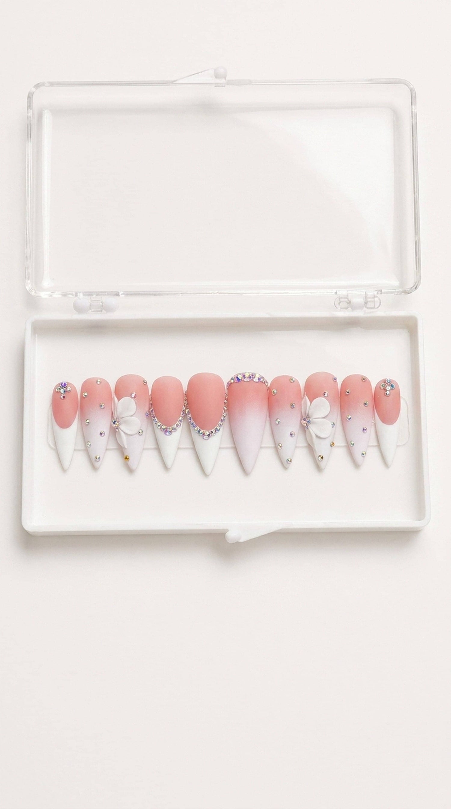 Pink White Rhinestone Stiletto Press-On Nails