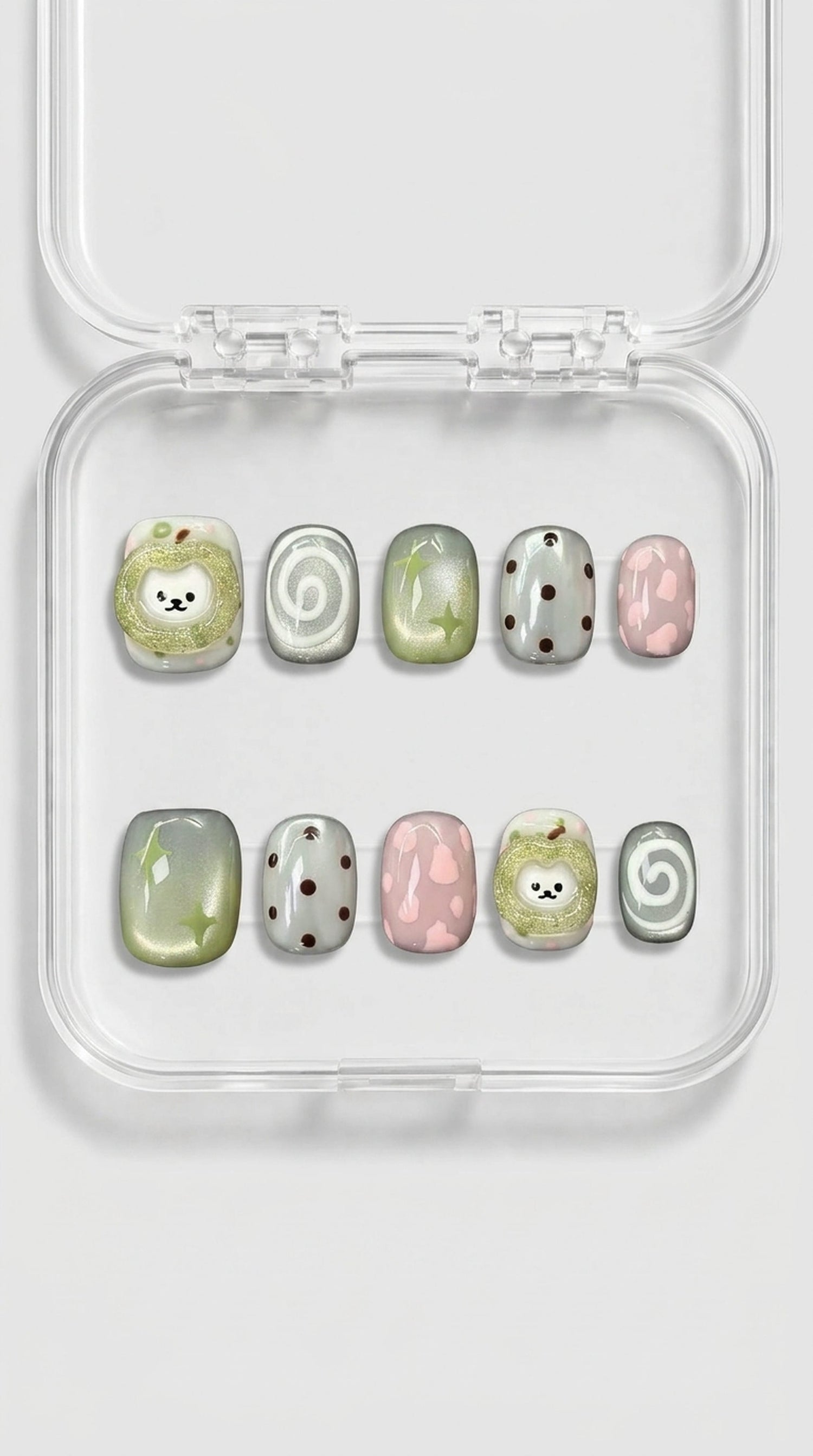 Green Bear Cute Short Press-On Nails