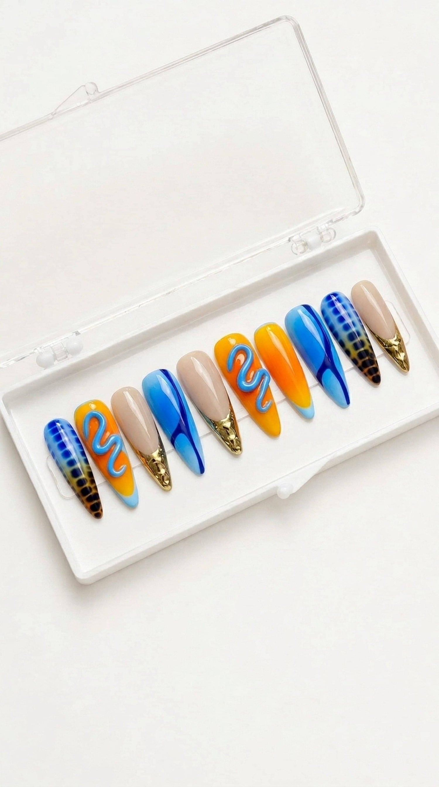Blue Orange Abstract Stiletto Press-On Nails