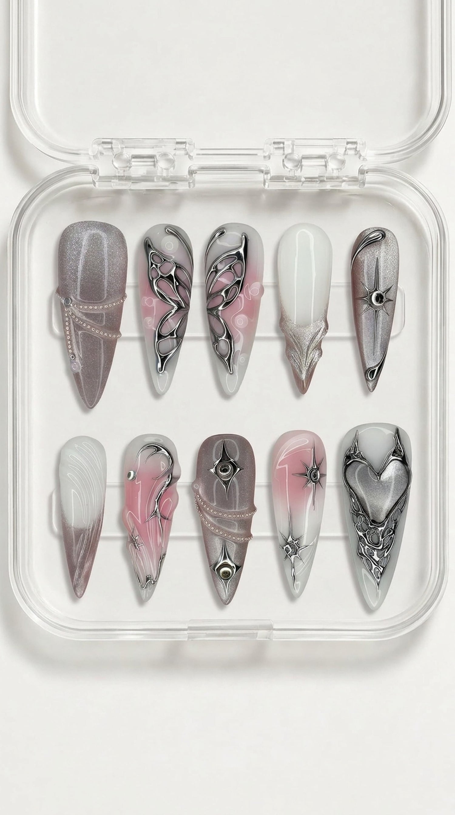 Pink Chrome Butterfly Heart Nails