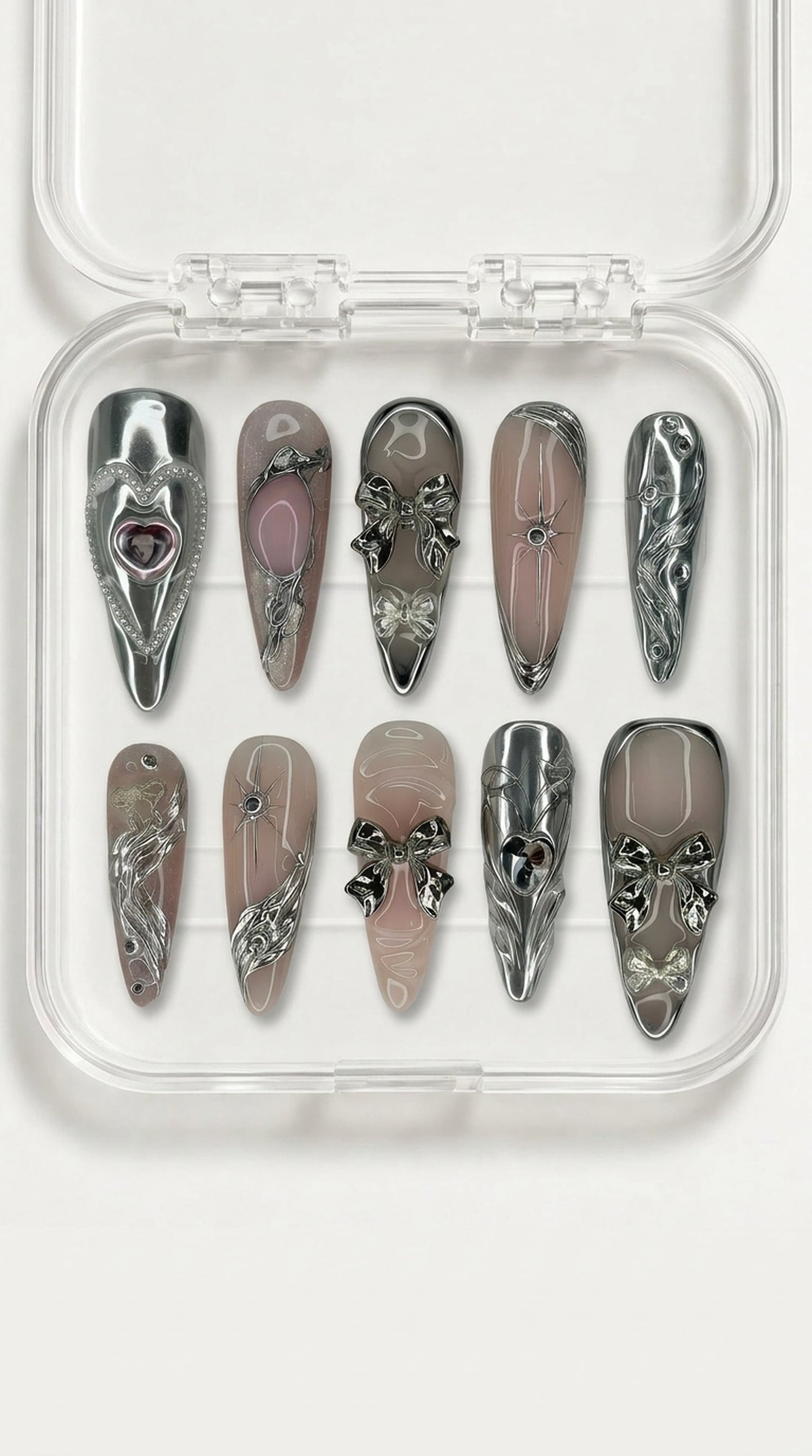Silver Bow Chrome Press-On Nails