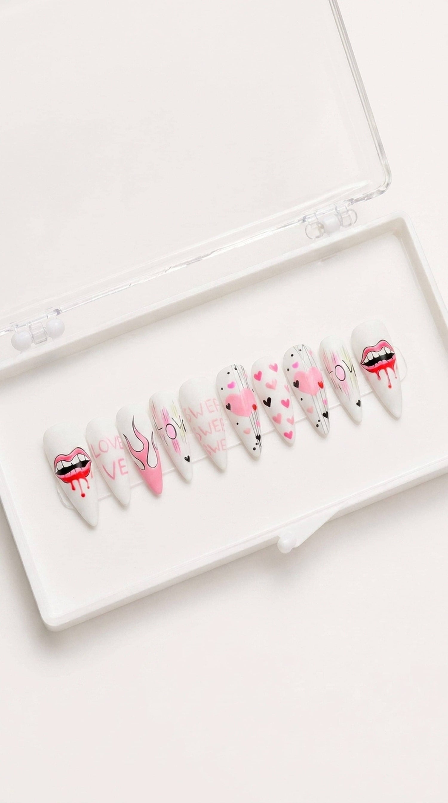 Pink Love Heart Stiletto Nails