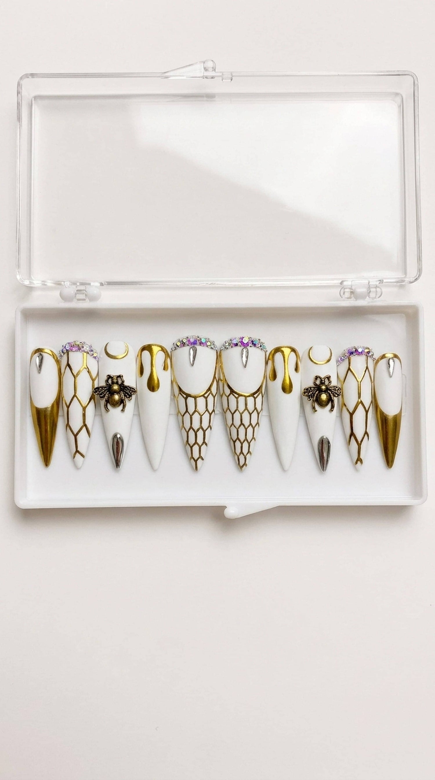 White Gold Bee Stiletto Nails