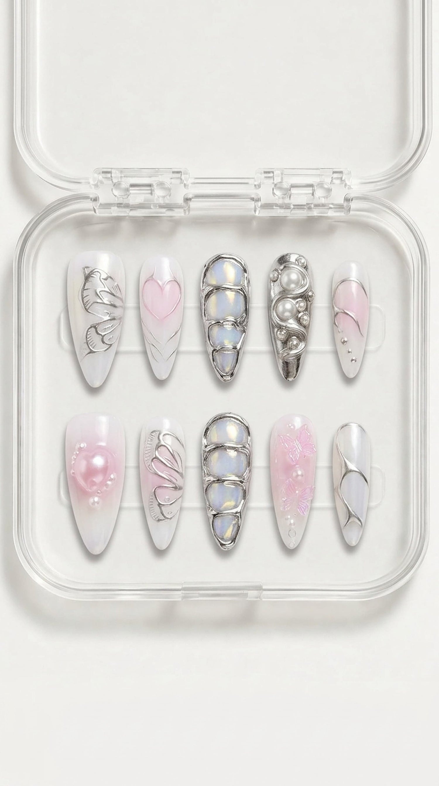 Clean White Chrome Heart Nails