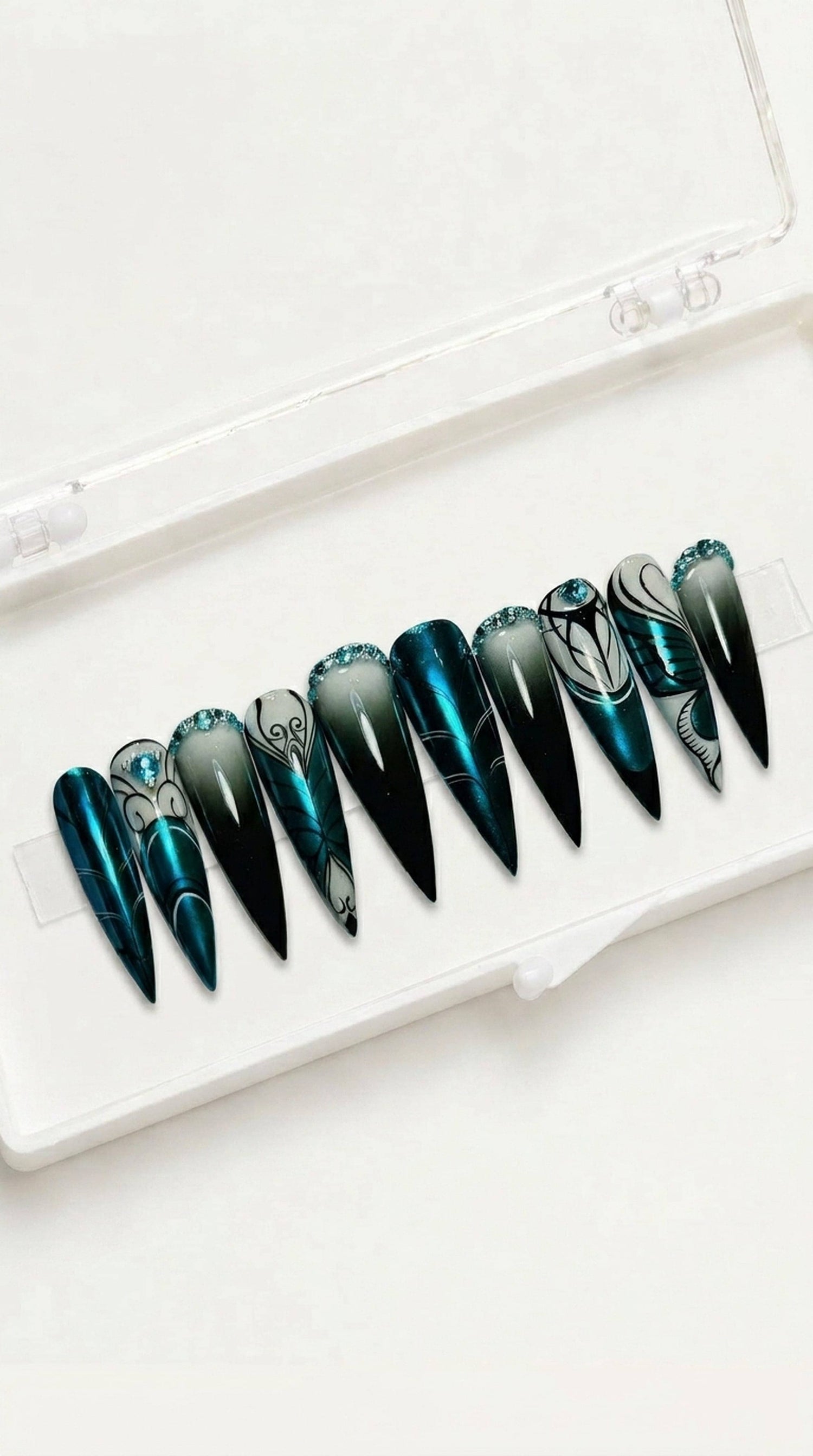 Teal Black Stiletto Press-On Nails
