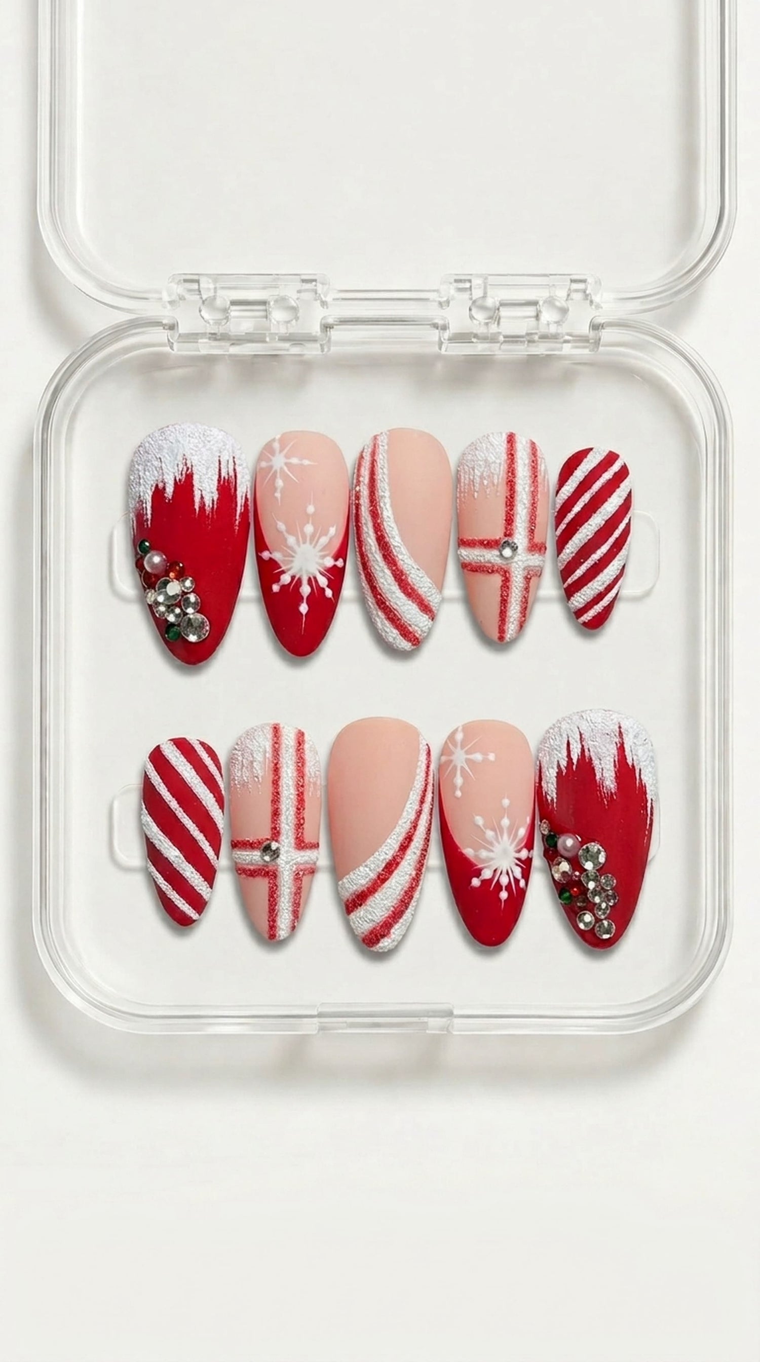 White Red Ornament Christmas Almond Nails