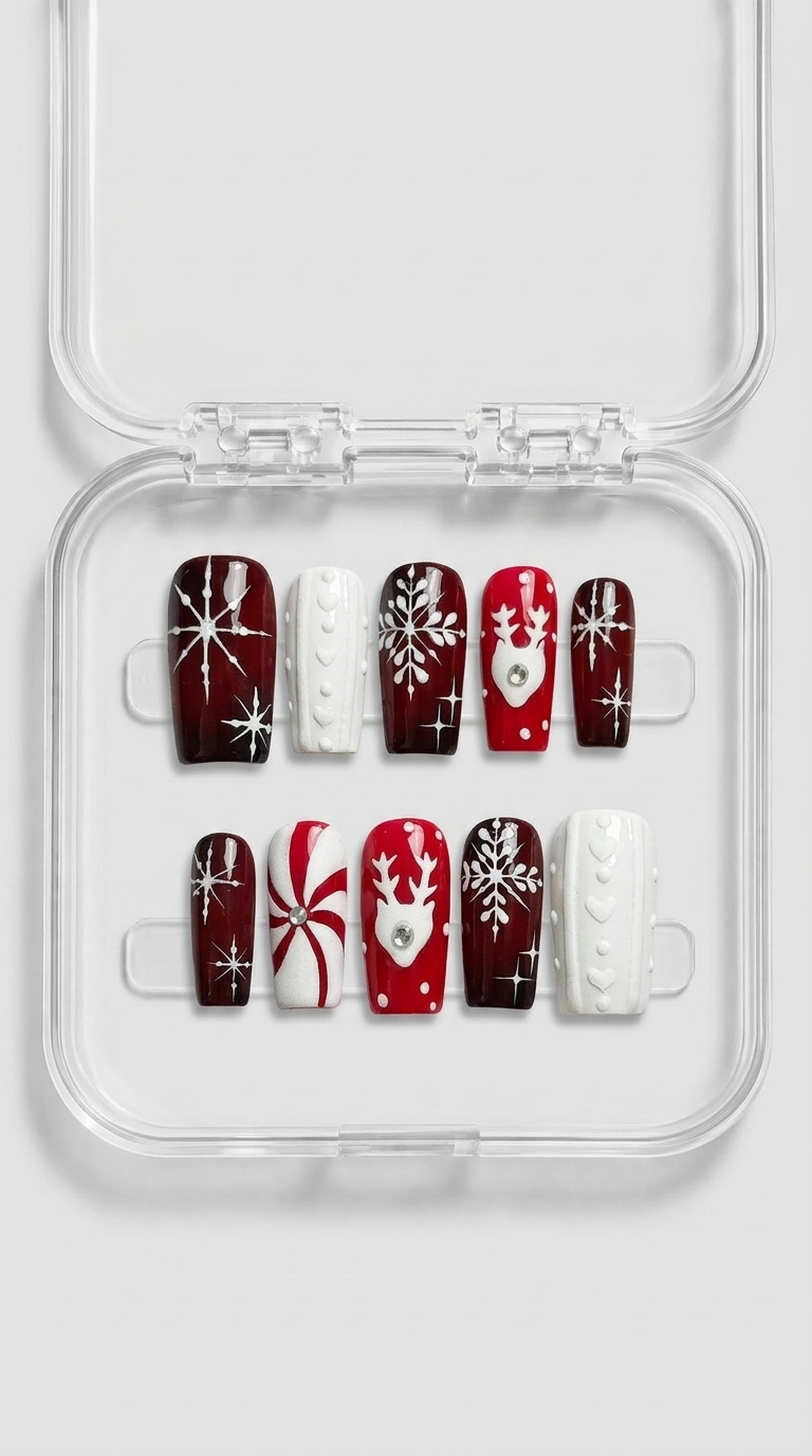 Burgundy Reindeer Snowflake Coffin Nails