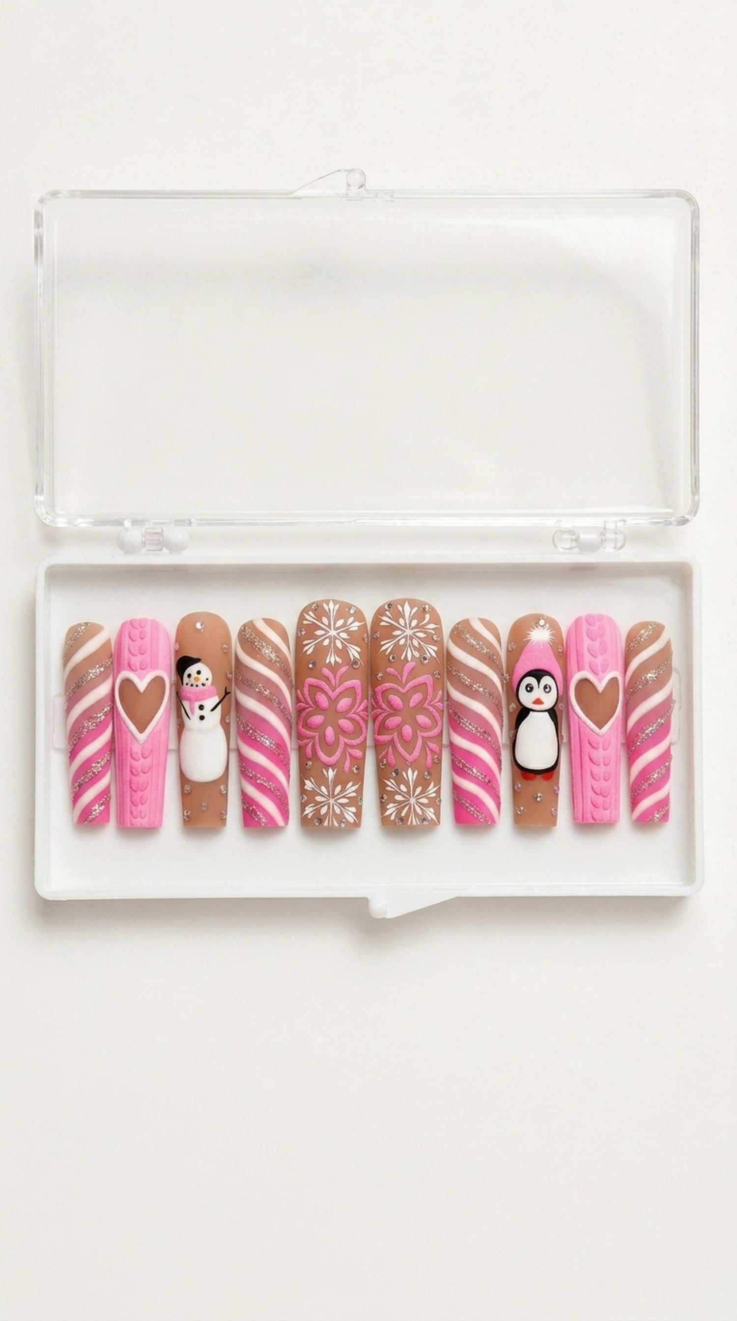 Pink Snowman Sweater Coffin Press-On Nails
