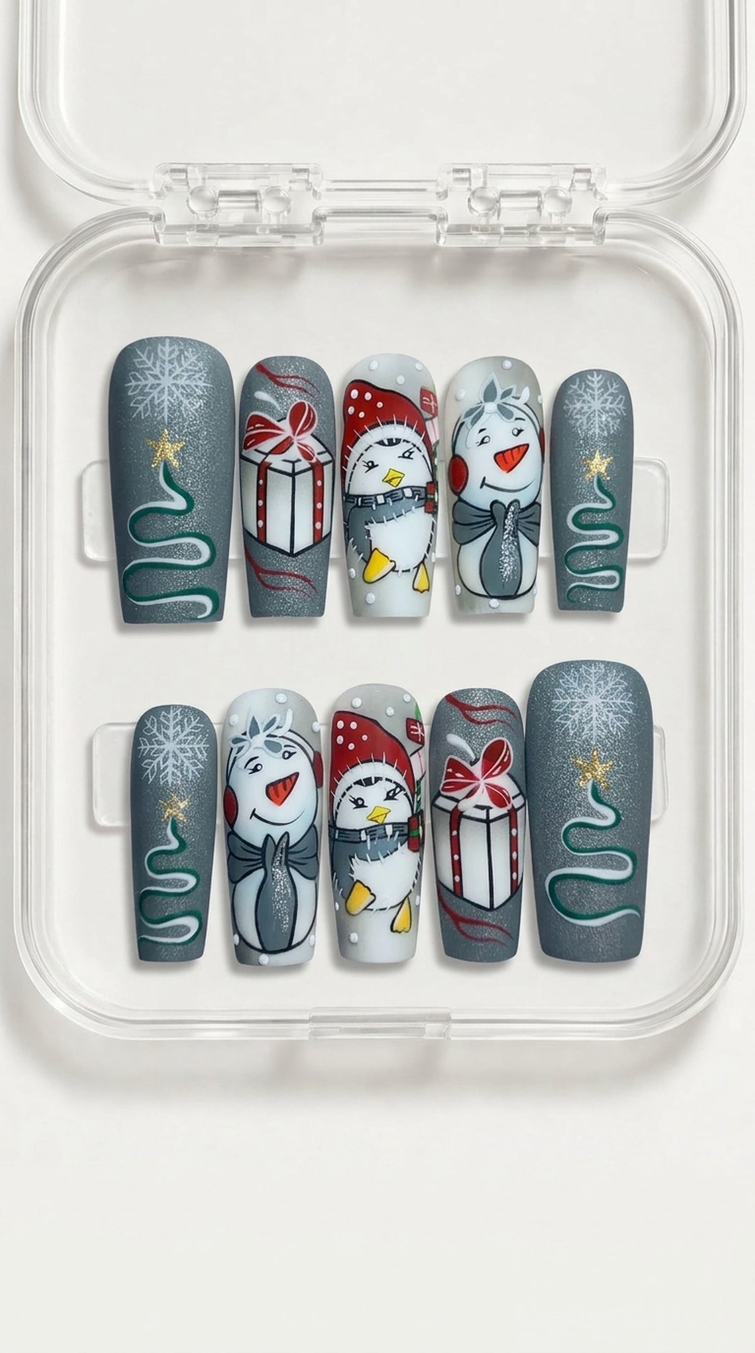 Grey Penguin Snowman Christmas Nails