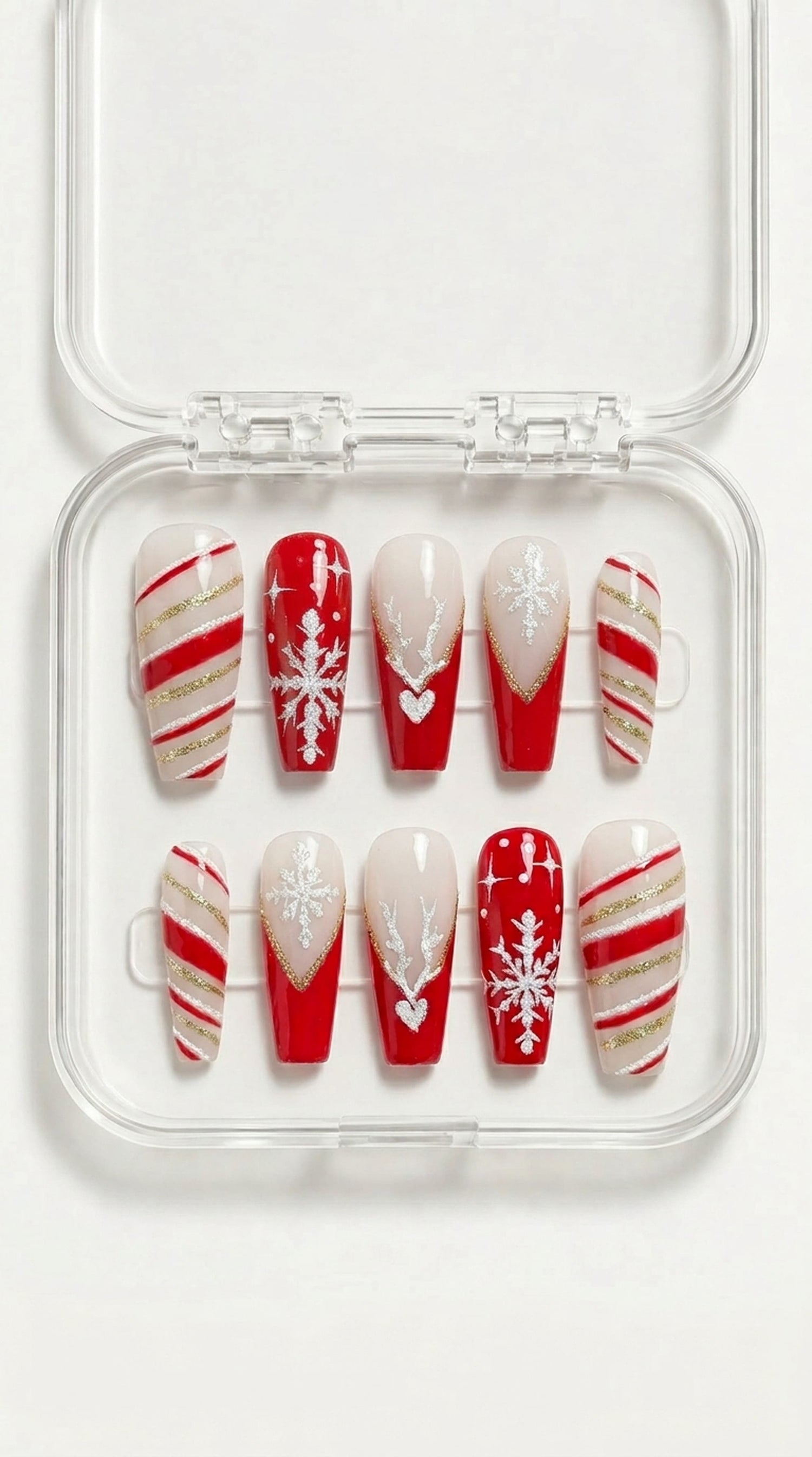 Red Candy Cane Snowflake Coffin Nails