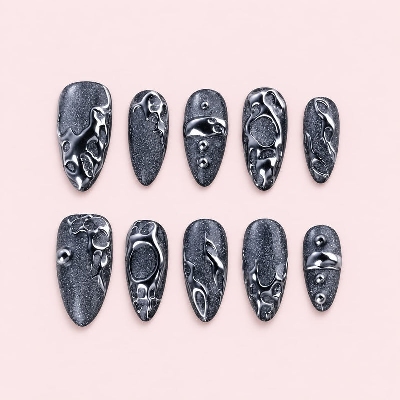 Black Chrome Liquid Metal Almond Press-On Nails