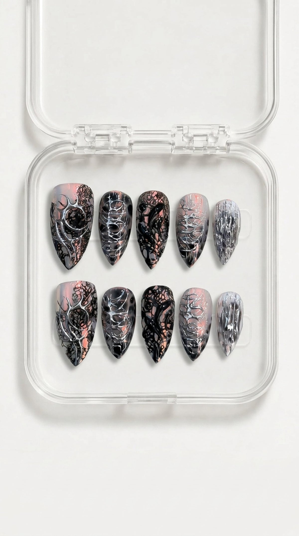 Black Silver Gothic Web Stiletto Press-On Nails