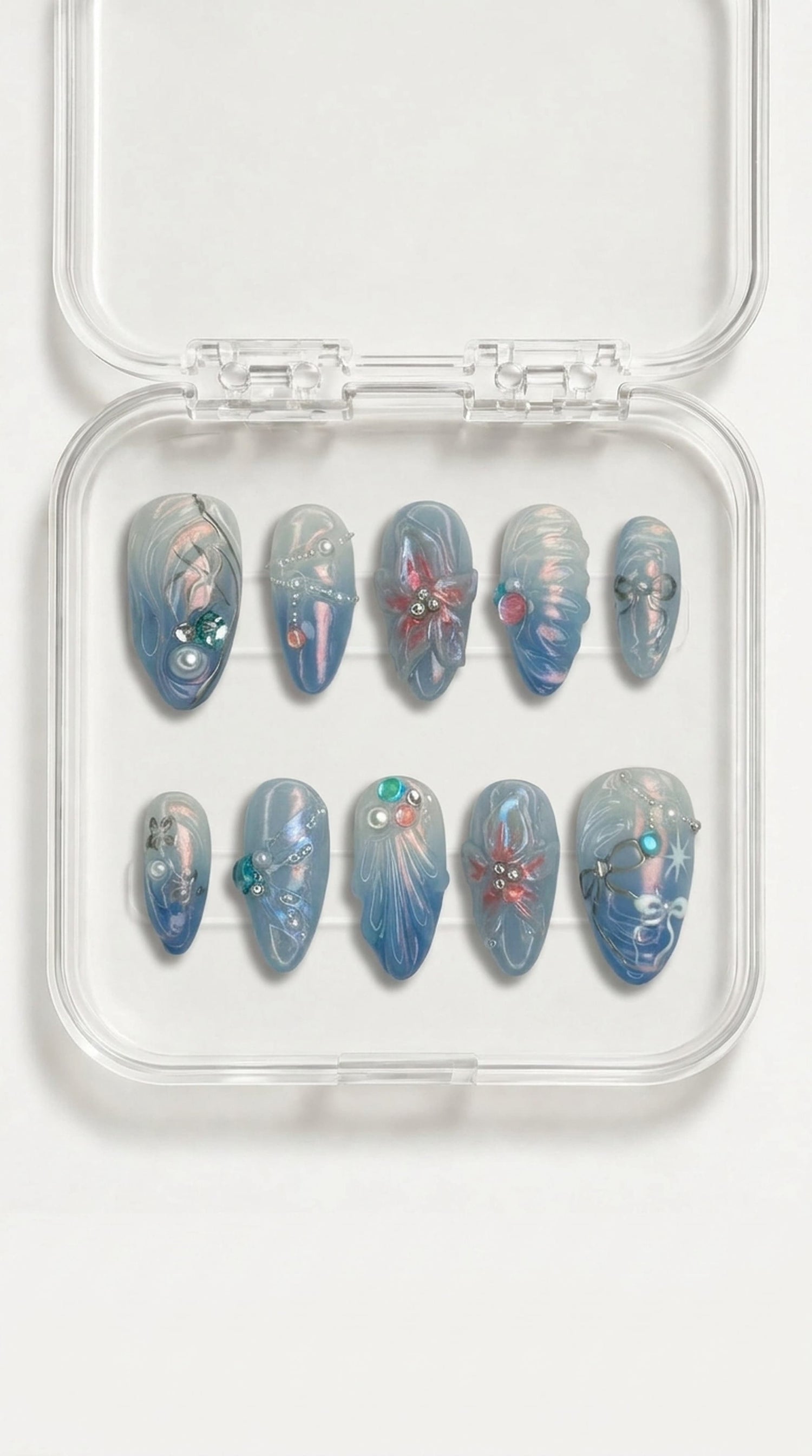Blue Aura Ocean Almond Press-On Nails | Handmade