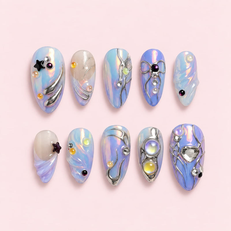 Blue Fairy Gem Almond Press-On Nails | Holographic