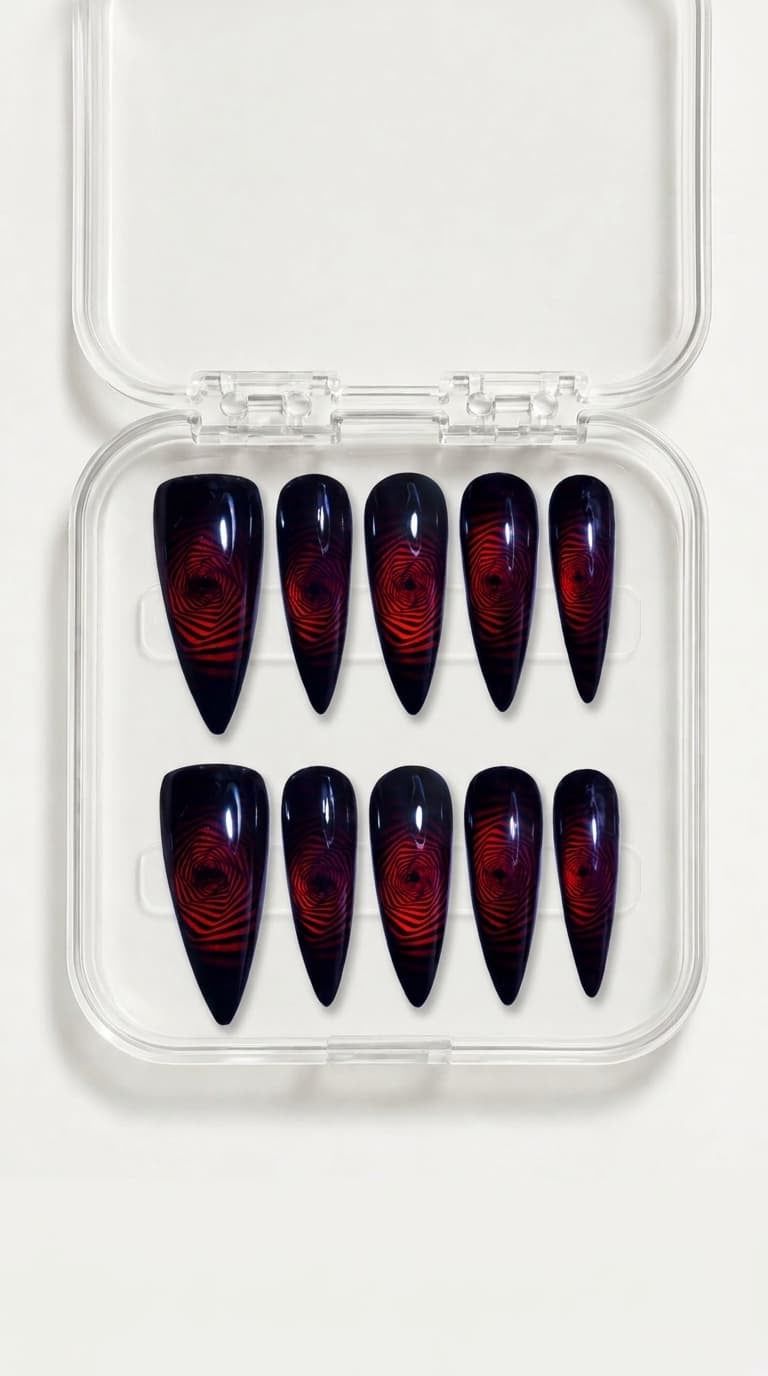 Crimson Void Cat Eye Stiletto Nails