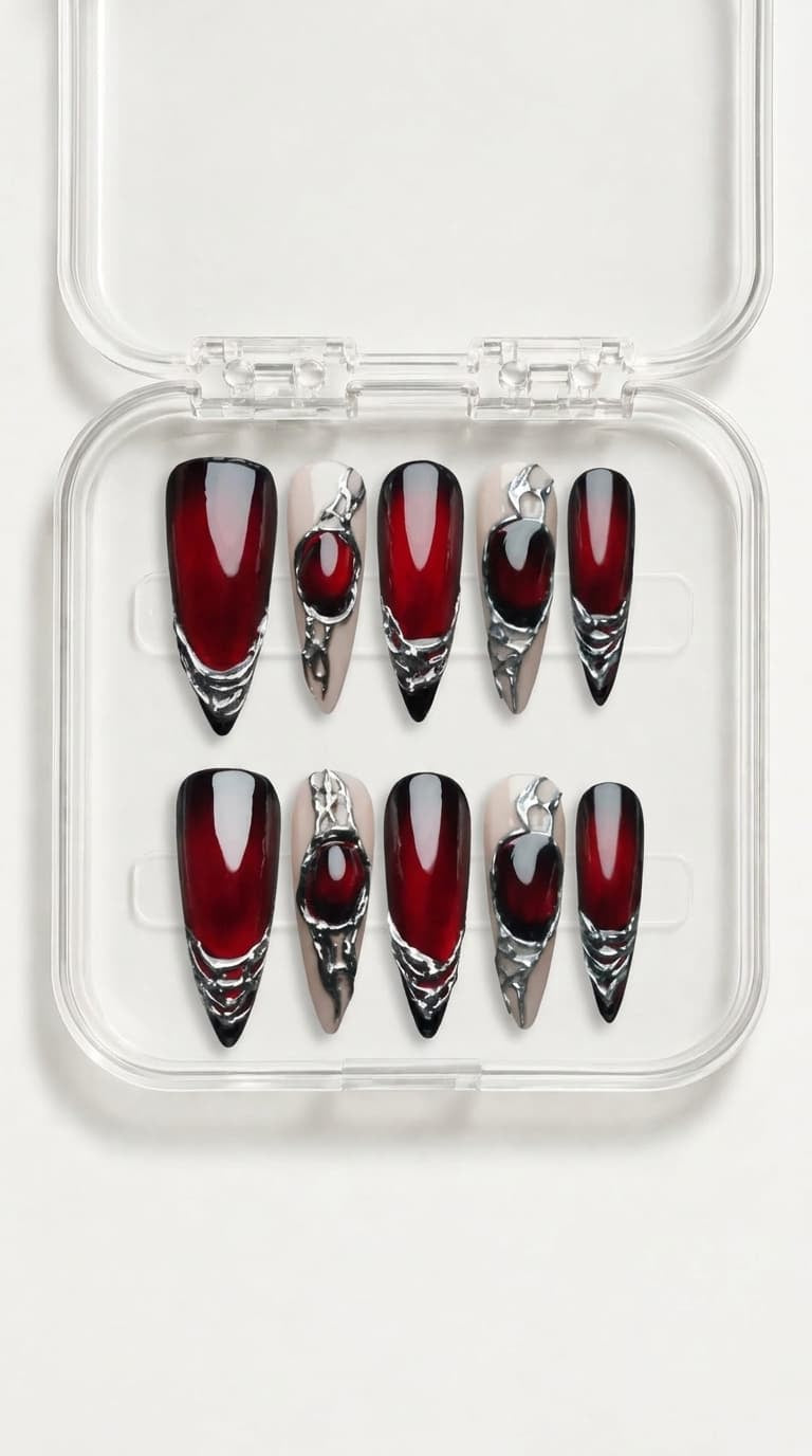Crimson Chrome Armor Stiletto Nails