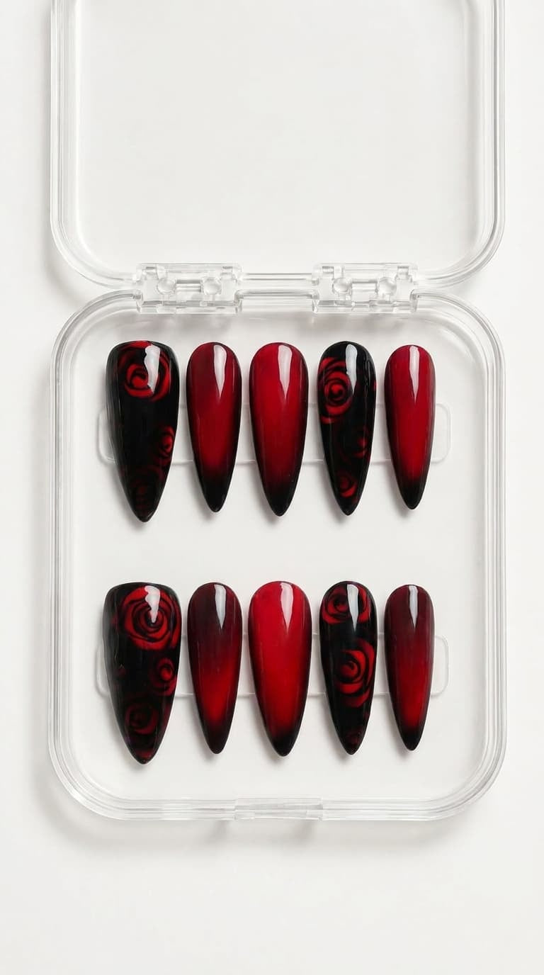 Red Rose Cat Eye Stiletto Nails