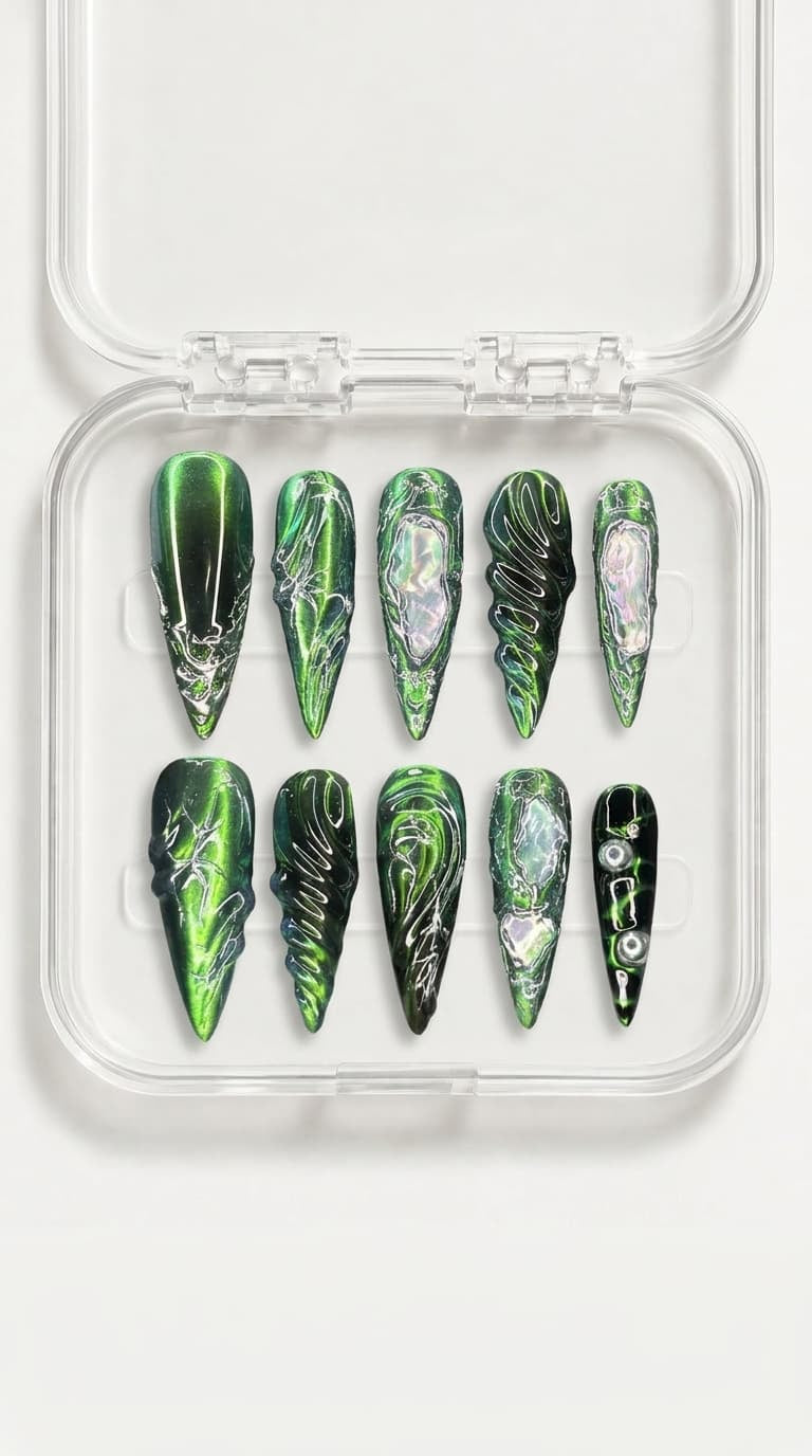 Y2K Olive Chrome Geo Nail Set