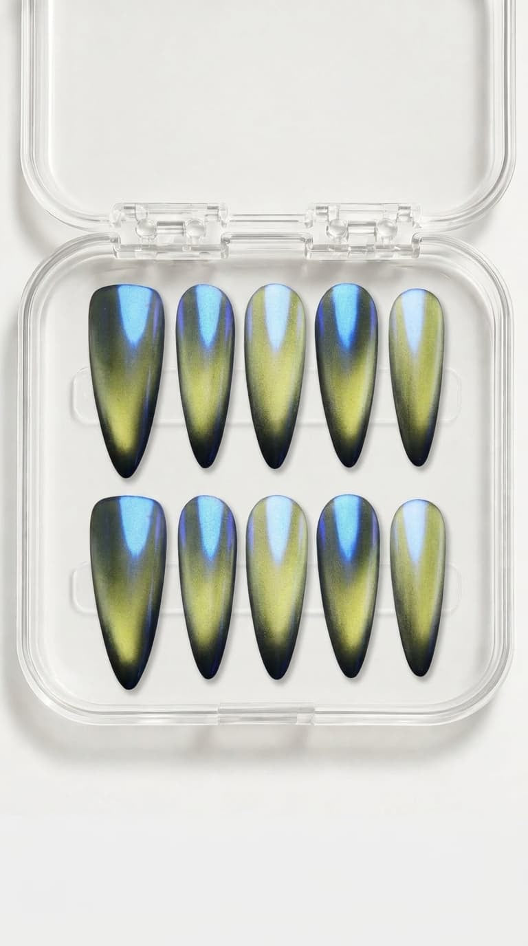 Aurora Green Blue Cat Eye Nails