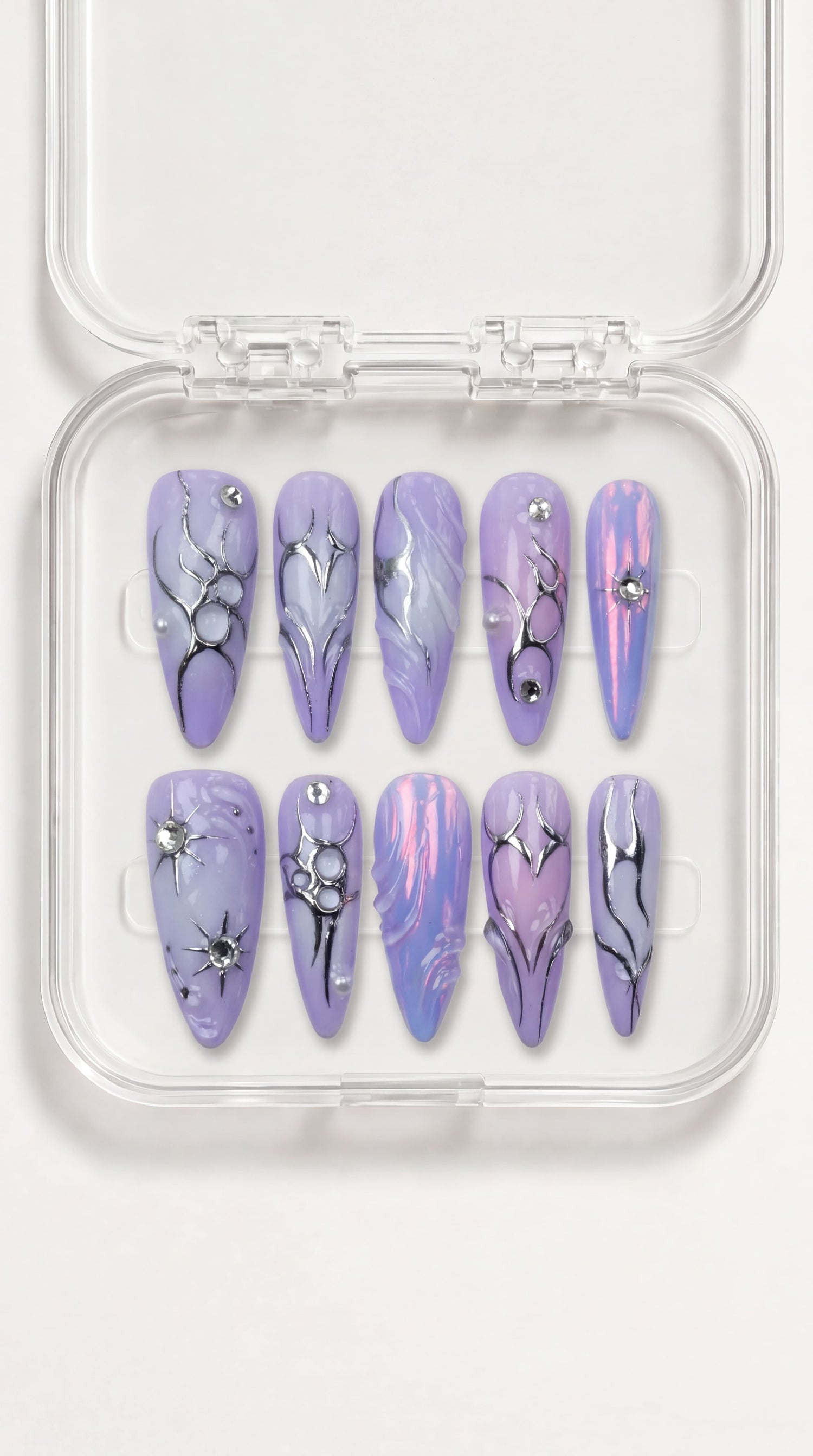 Lavender Cyber Chrome Stiletto Nails