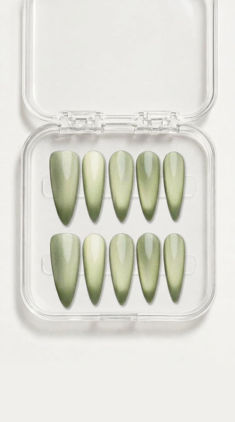 Sage Green Cat Eye Stiletto Nails