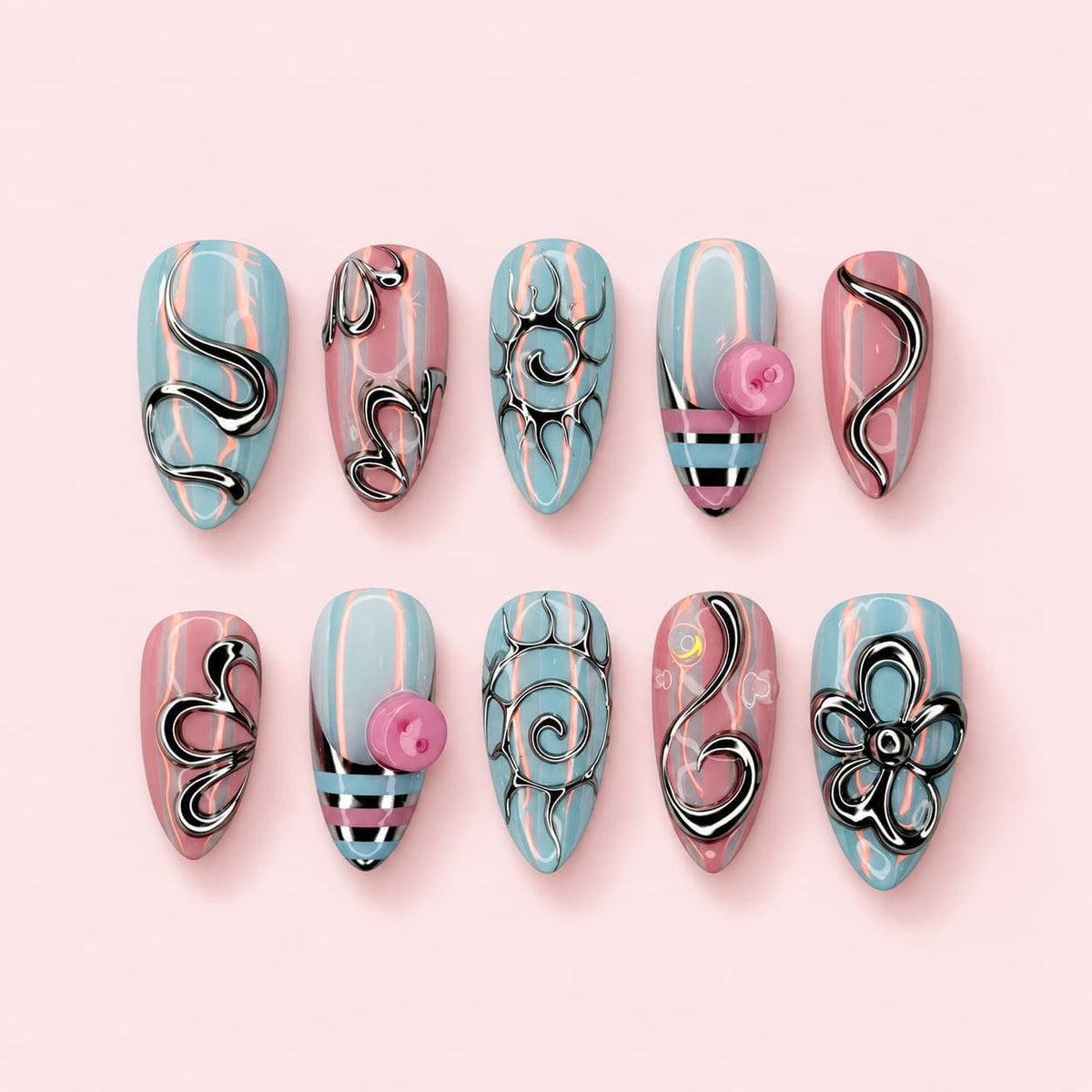 Candy Swirl almond press-on nails in baby blue and pink stripes with raised silver swirls, flowers and studs