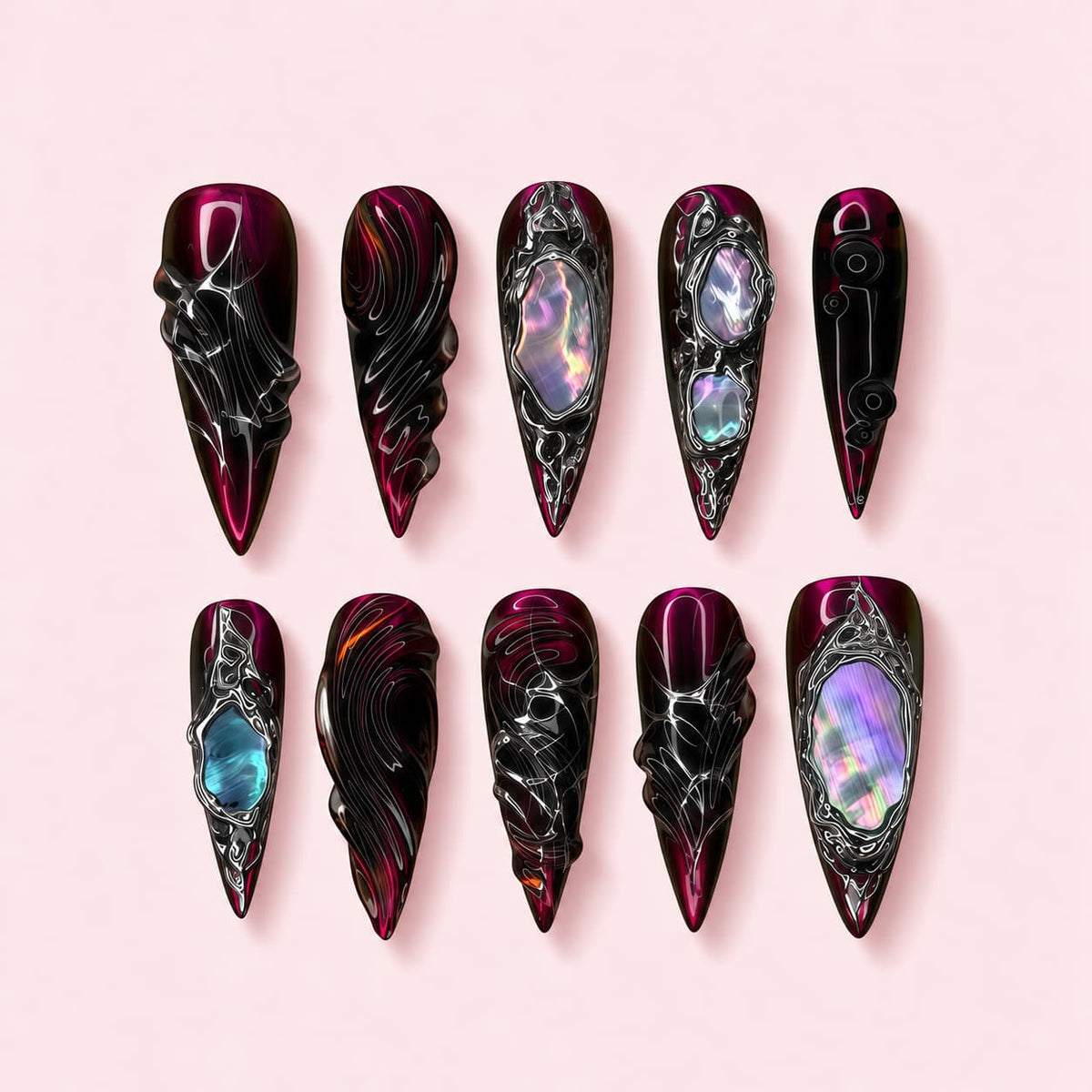 Cobalt Rune stiletto press-on nails in steel and pearl metallic with silver tribal line work and cobalt blue marks