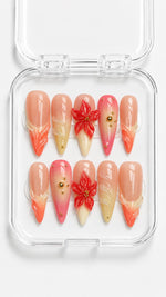 Coral Flame Floral Stiletto Press-On Nails with coral-pink ombré, 3D red flowers, sculpted flames and gold bead accents