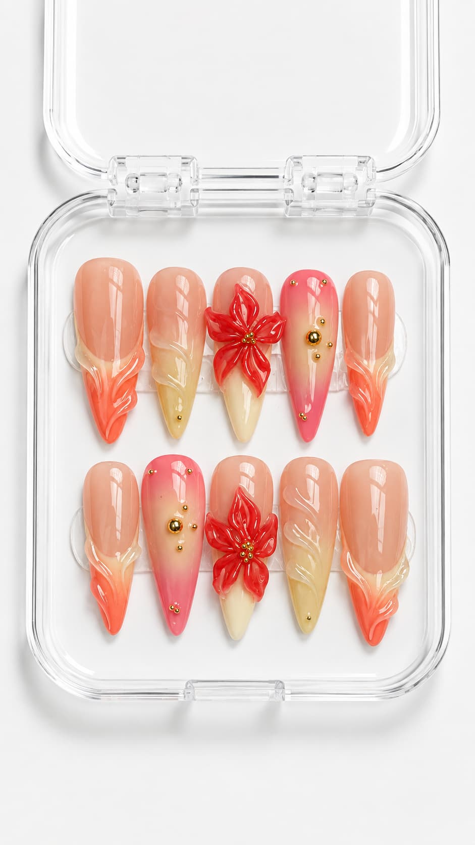 Coral Flame Floral Stiletto Press-On Nails with coral-pink ombré, 3D red flowers, sculpted flames and gold bead accents