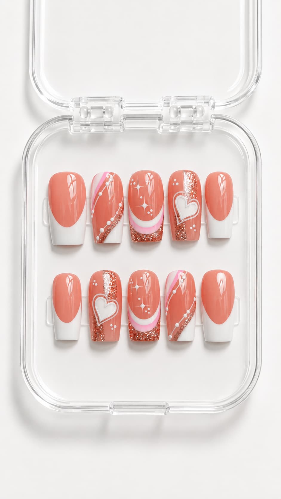 Coral Pink Heart French Tip Square Press-On Nails with white French tips and hand-painted heart detail