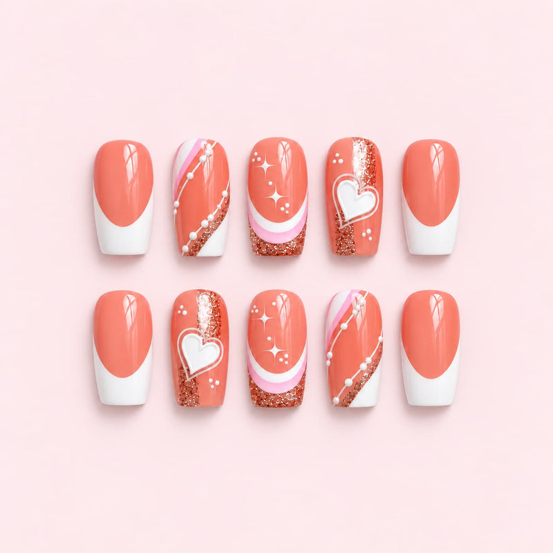 Coral Pink Heart French Tip Square Press-On Nails