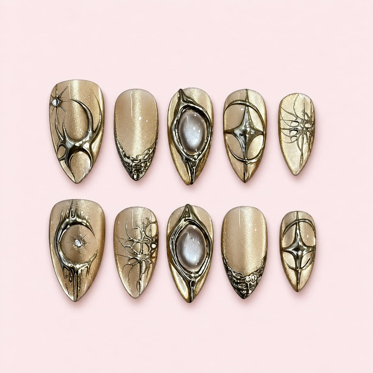 Gold Cat-Eye Chrome Gemstone Almond Press-On Nails with silver 3D details
