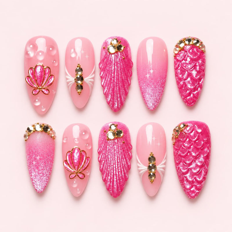 Hot Pink Mermaid Seashell Almond Press-On Nails