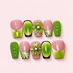 Kiwi Bloom short square press-on nails in nude pink and lime with sculpted speckled flowers and silver beads
