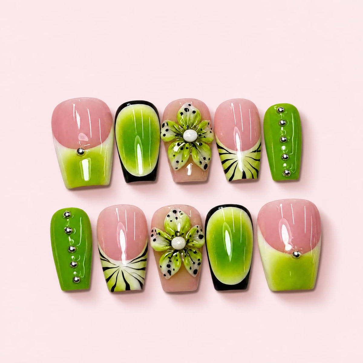 Kiwi Bloom short square press-on nails in nude pink and lime with sculpted speckled flowers and silver beads