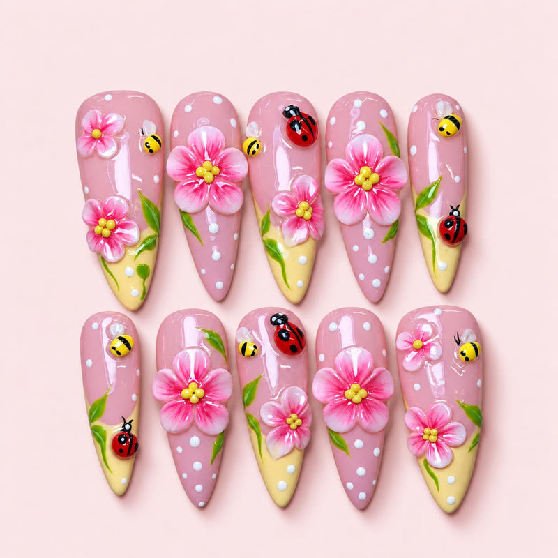 Ladybug Garden Stiletto Press-On Nails | MUOI