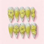 Lemon Ruffle stiletto press-on nails in silver white and lemon yellow with ruffled sculpted flowers and clear stones