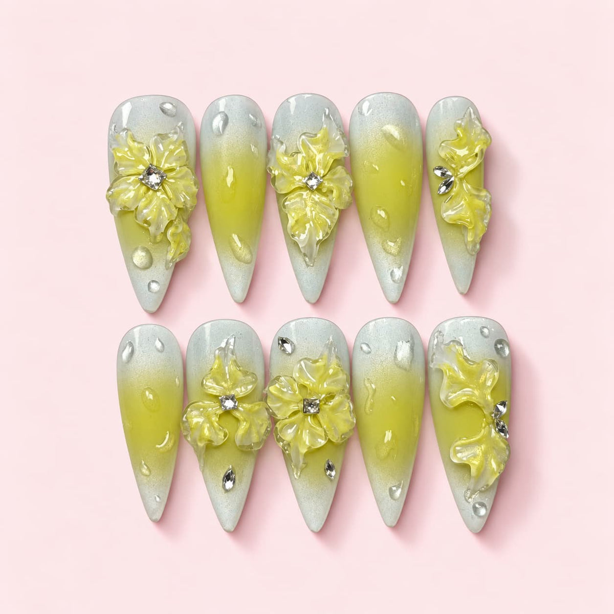 Lemon Ruffle stiletto press-on nails in silver white and lemon yellow with ruffled sculpted flowers and clear stones