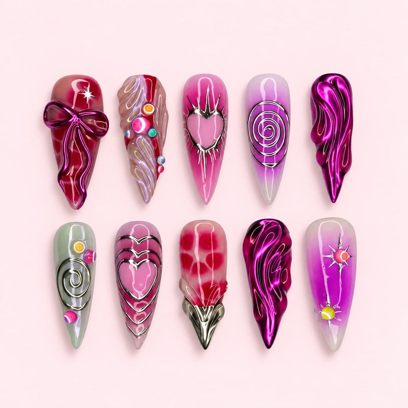 Magenta Chrome Bow Stiletto Press-On Nails