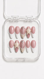 Mauve French Tip Seashell Almond Press-On Nails with white French tips, 3D seashells, starfish and pearl accents
