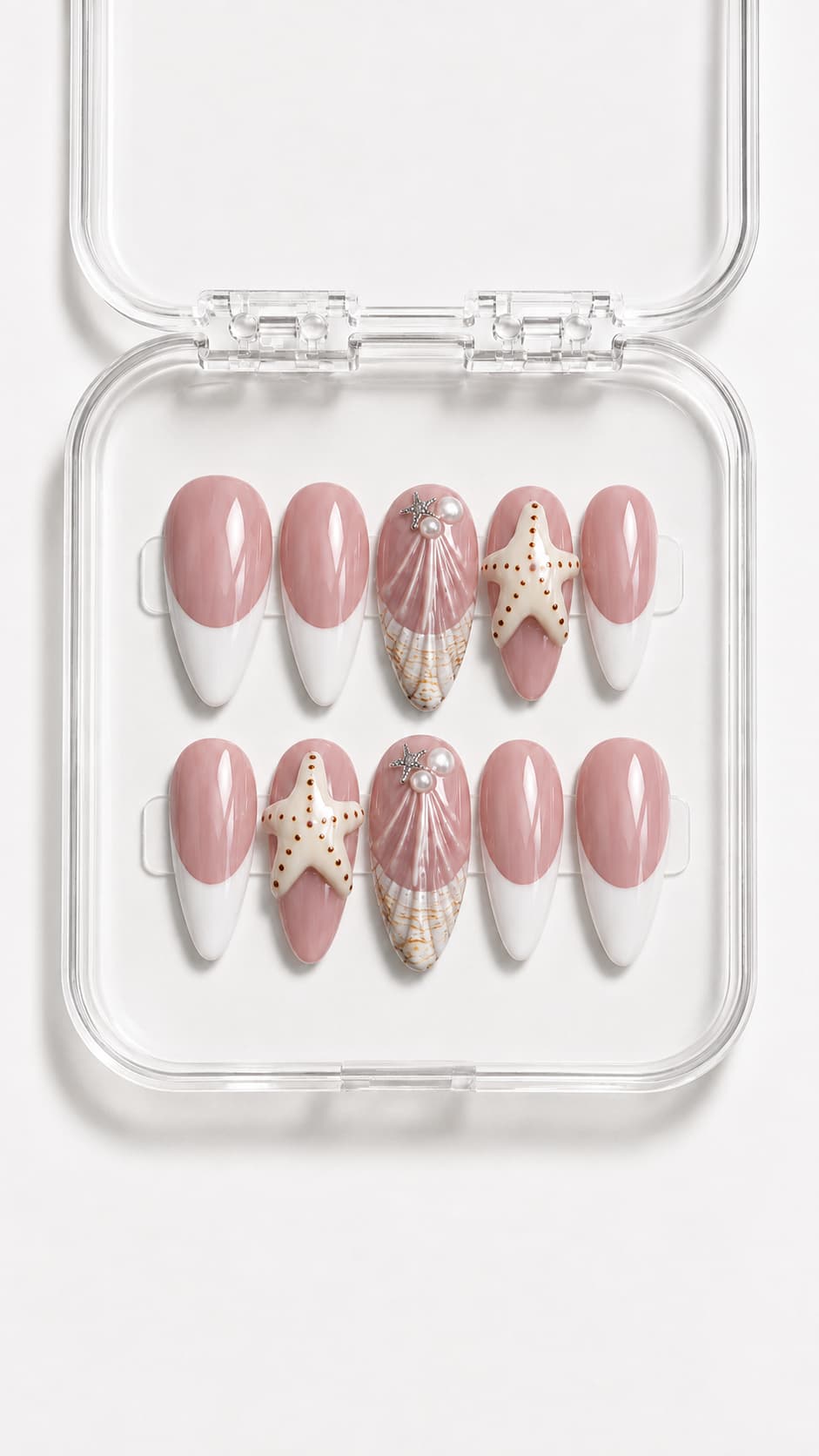Mauve French Tip Seashell Almond Press-On Nails with white French tips, 3D seashells, starfish and pearl accents