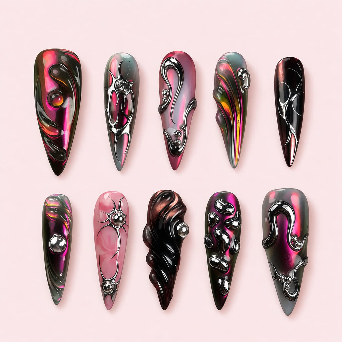 Molten Rose stiletto press-on nails in magenta black and copper with large silver beads and molten line work