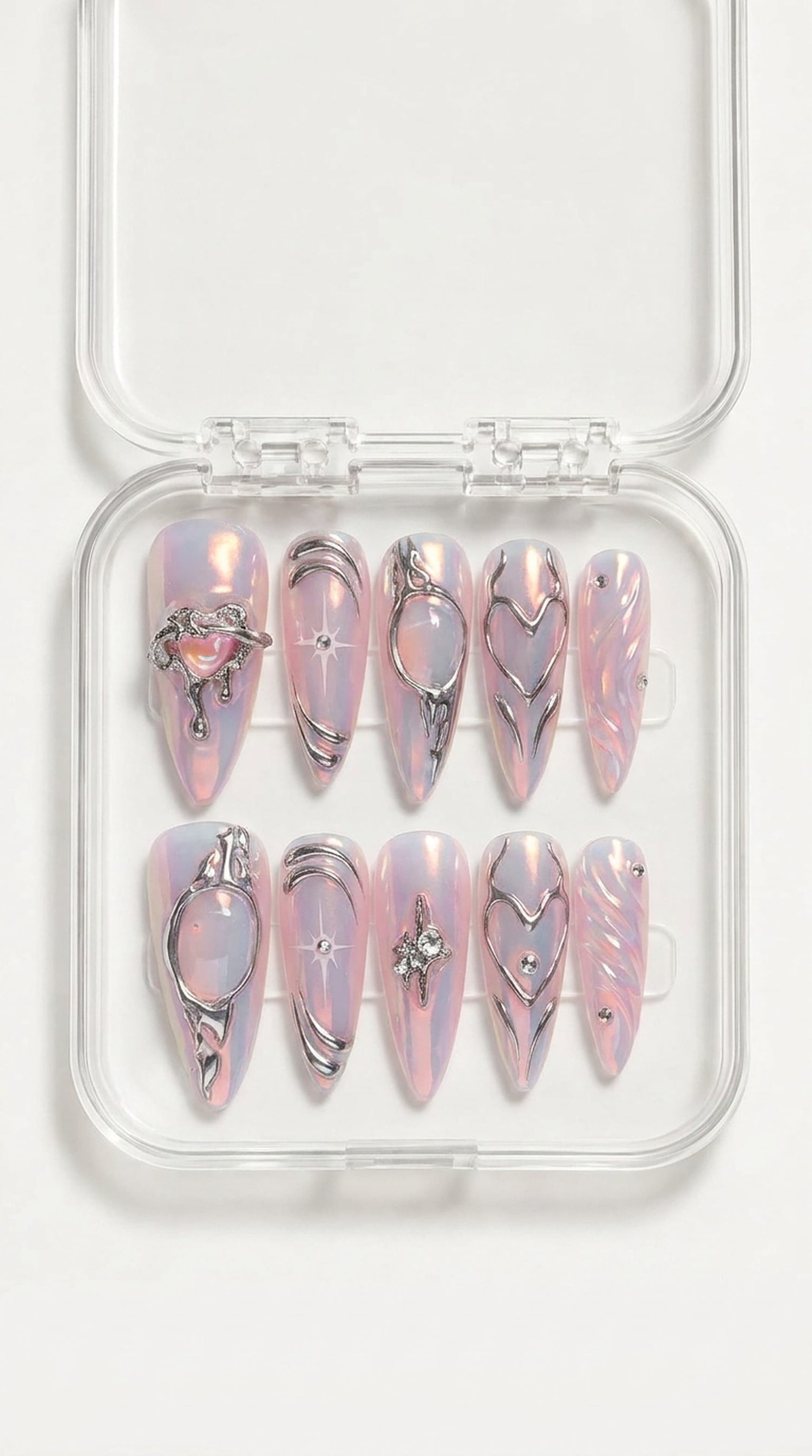 Opal Aura Silver Heart Stiletto Press-On Nails