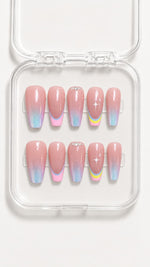 Pastel Aura French Tip Coffin Press-On Nails with Star and Gem Accents