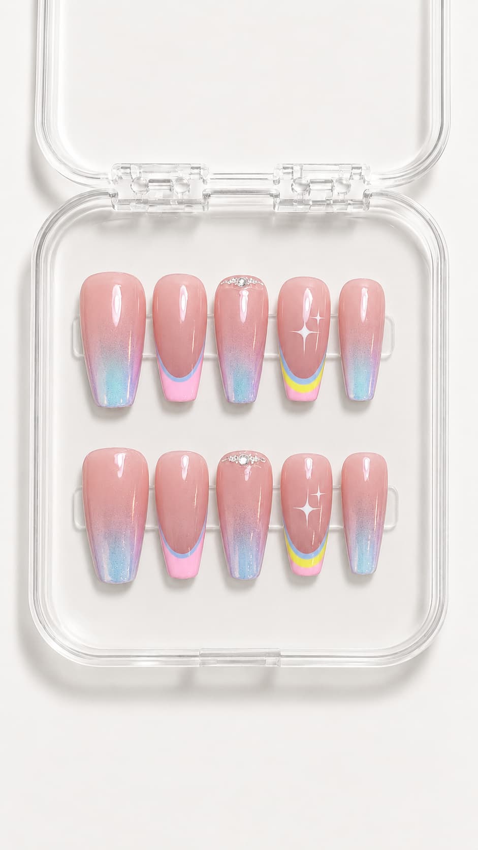 Pastel Aura French Tip Coffin Press-On Nails with Star and Gem Accents
