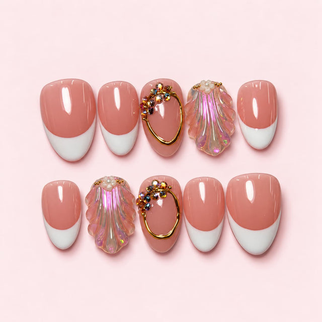 Pearl Shell French short almond press-on nails with white French tips and iridescent sculpted shell accent nails