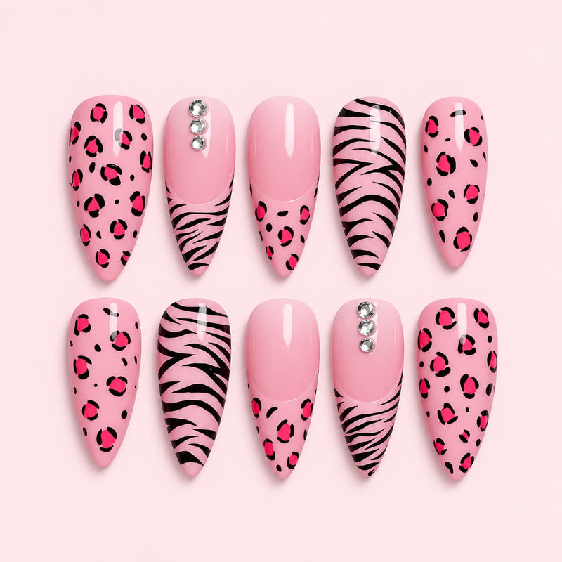 Pink Animal Print Almond Press-On Nails  Hand-Painted